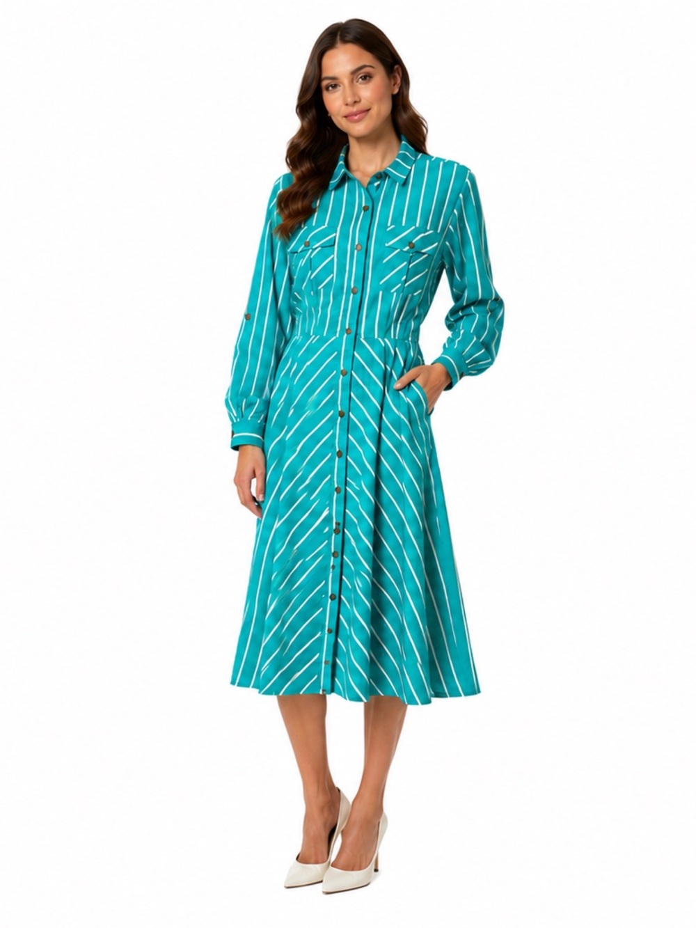 Vintage Darian Teal White Striped Shirt Dress Size 10 Button Front Midi Dress